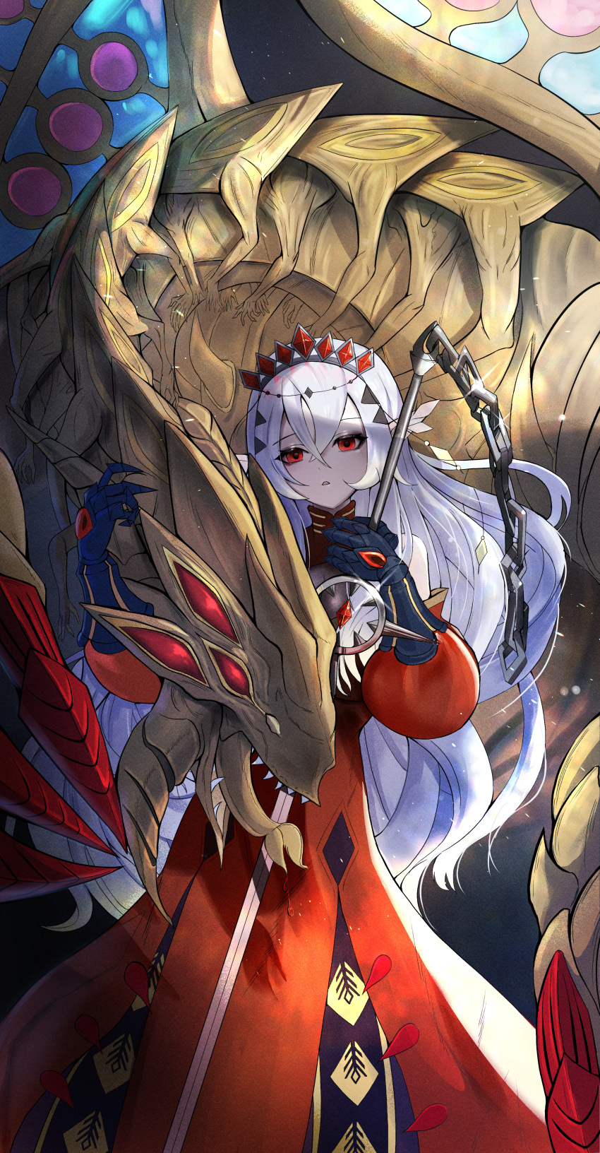 1girl absurdres bare_shoulders blazing_cartesia_the_virtuous chain detached_sleeves dragon dress duel_monster ecclesia_(yu-gi-oh!) gauntlets glint granguignol_the_dusk_dragon hair_ornament highres holding holding_sword holding_weapon jetihyeon open_mouth petting puffy_sleeves red_dress red_eyes skirt sword tiara weapon white_hair white_skirt yu-gi-oh!