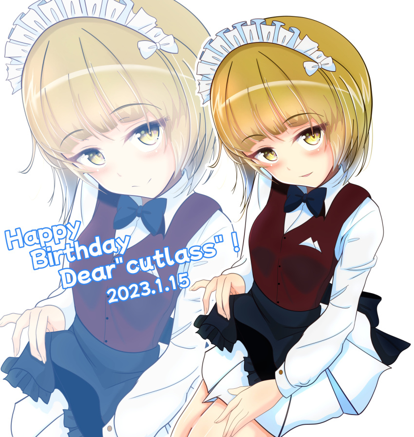 1girl bartender black_bow black_bowtie blonde_hair blunt_bangs bob_cut bow bowtie brown_vest character_name cutlass cutlass_(girls_und_panzer) dated dress_shirt girls_und_panzer happy_birthday head_tilt headband highres kumaisao long_sleeves looking_at_viewer maid_headdress shirt short_hair sitting smile vest white_background white_headband white_shirt wing_collar yellow_eyes