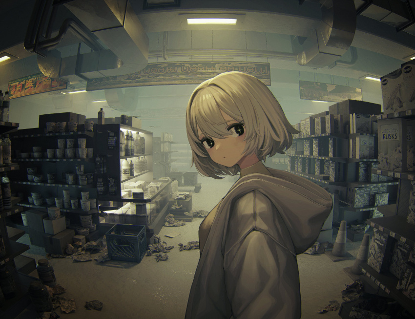 +_+ 1girl absurdres beer_crate black_eyes bottle cereal_box closed_mouth crate food highres hood hood_down hooded_jacket indoors jacket looking_at_viewer m._(emudotto) original shop short_hair sign solo traffic_cone upper_body white_hair