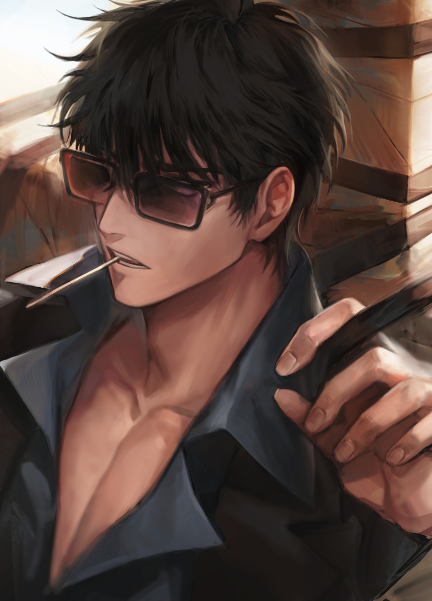1boy absurdres black_hair black_jacket black_shirt boony2789 collarbone collared_shirt cross hand_up highres jacket male_focus mouth_hold nicholas_d._wolfwood partially_unbuttoned shirt short_hair solo sunglasses trigun trigun_stampede upper_body