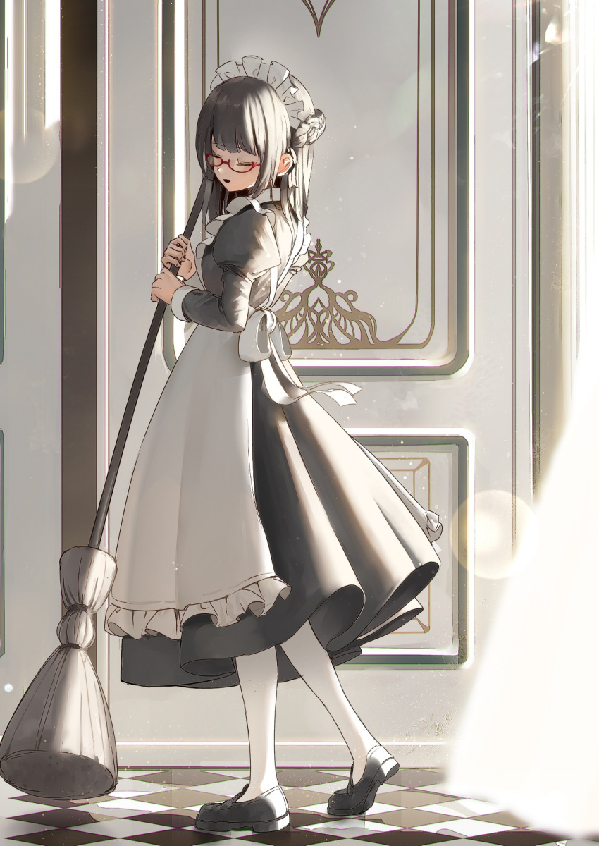 1girl apron black_dress black_footwear black_hair broom closed_eyes commentary_request commission dress frilled_apron frills glasses highres holding holding_broom indoors juliet_sleeves loafers long_sleeves maid maid_apron maid_headdress original pantyhose parted_lips pleated_dress puffy_sleeves red-framed_eyewear semi-rimless_eyewear shii_(kairi-t-k0317) shoes skeb_commission solo under-rim_eyewear white_pantyhose