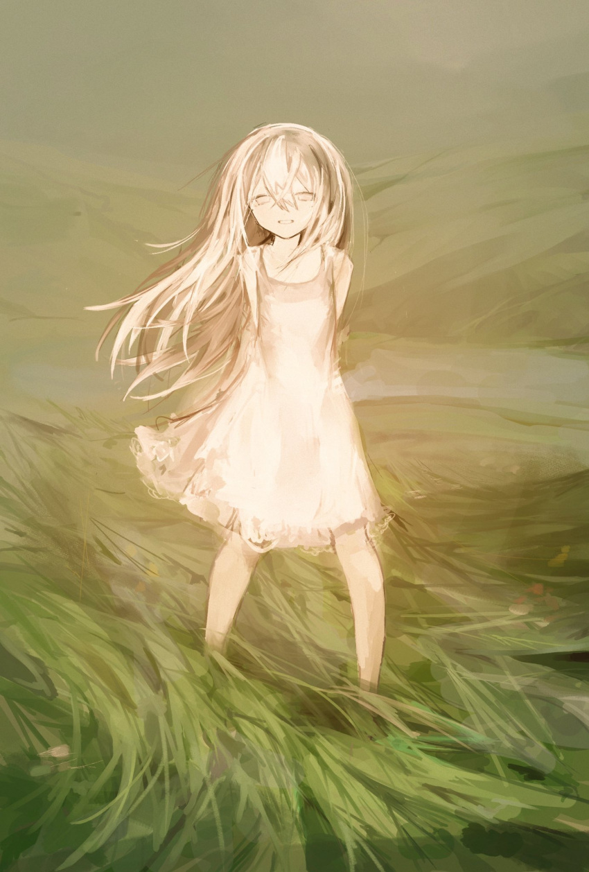 1girl arms_behind_back bare_shoulders dot_nose dress facing_viewer frilled_dress frills grass hair_between_eyes half-closed_eyes highres hill light light_smile long_hair looking_at_viewer messy_hair on_grass original outdoors parted_lips sleeveless smile solo spread_legs standing straight-on teeth u-u_(uni_4040) white_dress white_eyes white_hair wind