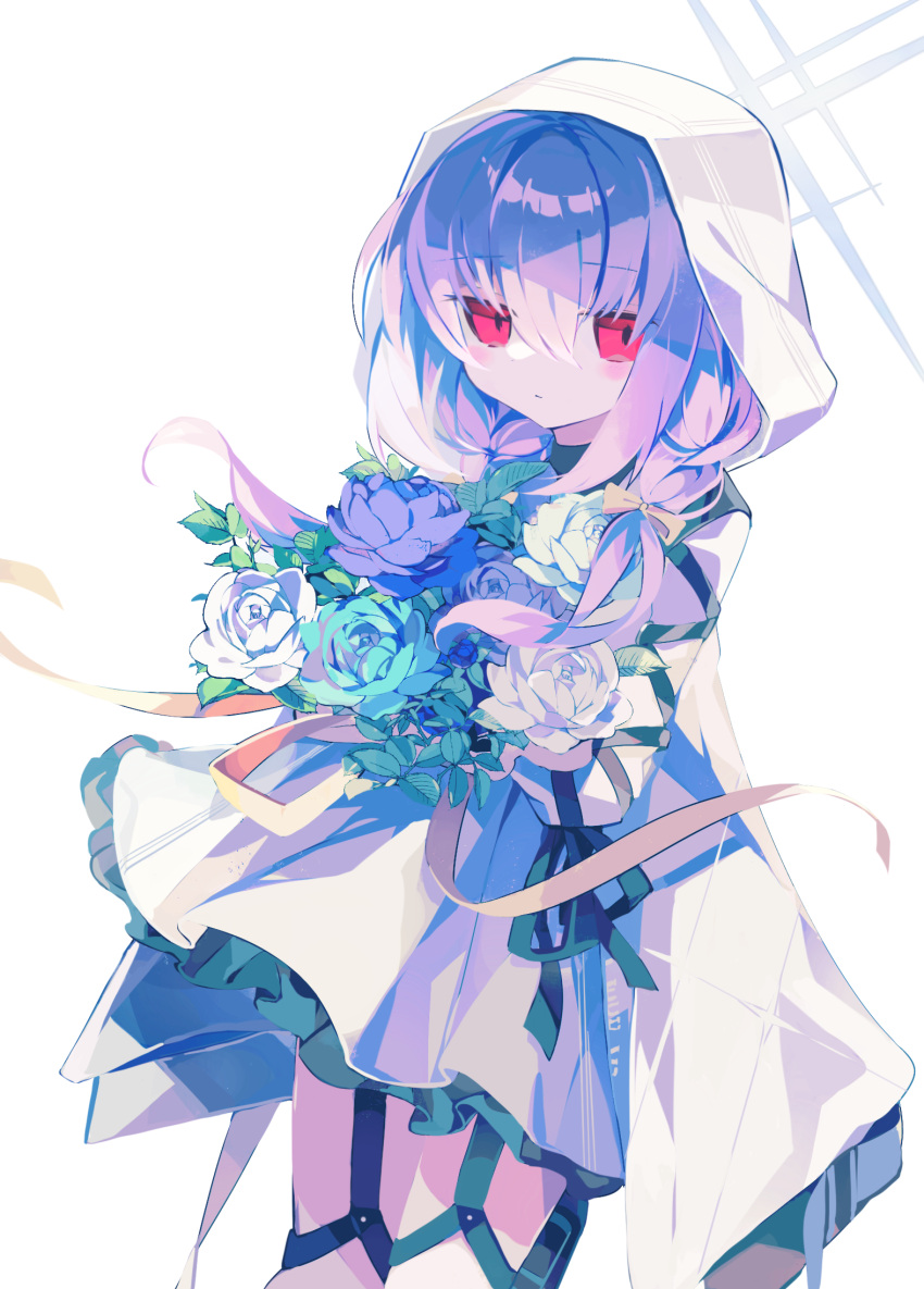1girl atsuko_(blue_archive) blue_archive blush bouquet closed_mouth cowboy_shot dress flower hair_between_eyes halo highres holding holding_bouquet holster hood hood_up hooded_jacket jacket long_bangs long_hair long_sleeves looking_at_viewer meto_(metrin) open_clothes open_jacket own_hands_together petticoat purple_flower purple_hair quilted_jacket raised_eyebrows red_eyes sidelocks simple_background solo thigh_holster thigh_strap white_background white_dress white_flower white_halo white_jacket