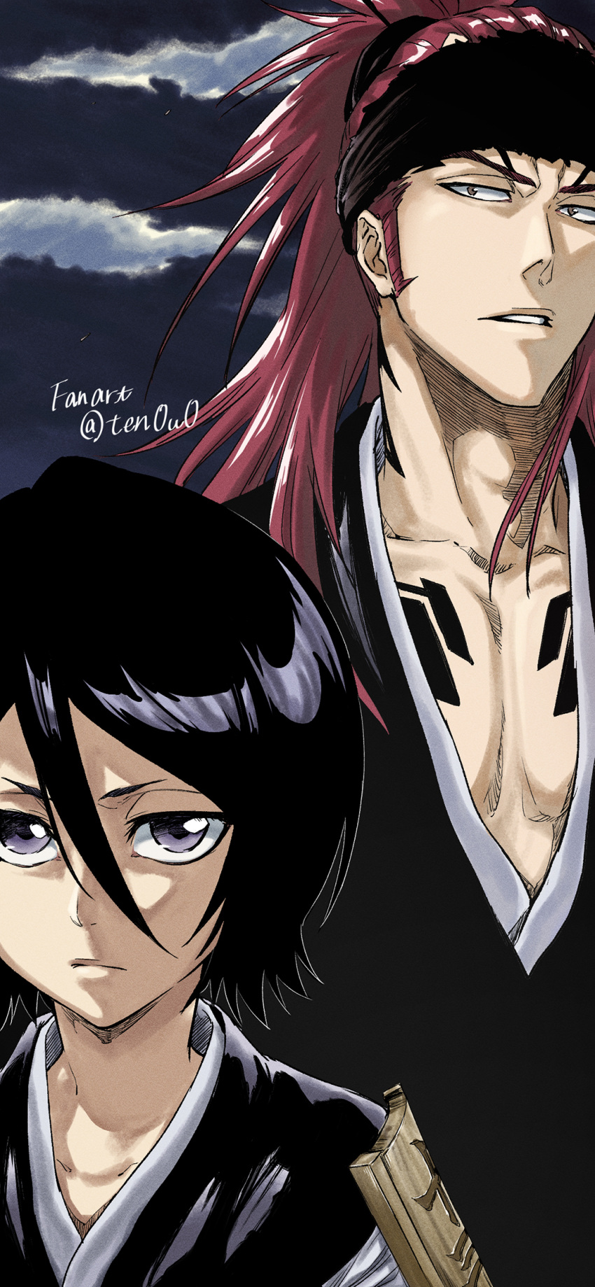 1boy 1girl abarai_renji badge black_hair black_headband black_kimono bleach fukutaichou_badge hair_between_eyes headband highres japanese_clothes kimono kuchiki_rukia long_bangs long_hair looking_at_viewer official_style ponytail redhead short_hair ten0u0 twitter_username upper_body violet_eyes