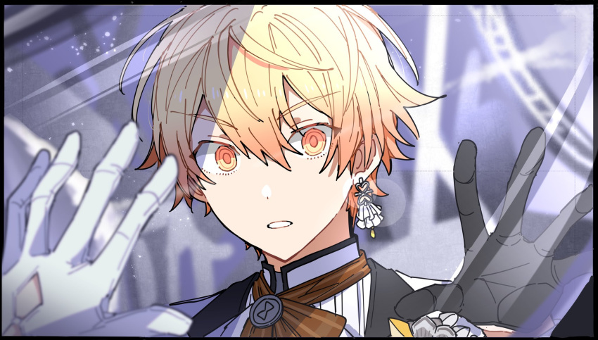 1boy black_gloves black_jacket blonde_hair bow bowtie brown_bow brown_bowtie curtain_call_ni_sekibetsu_o_(project_sekai) earrings gloves highres hoshi-toge jacket jewelry looking_at_viewer male_focus parted_lips project_sekai shirt single_earring solo tenma_tsukasa upper_body white_shirt yellow_eyes