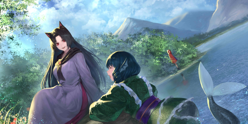 3girls :d animal_ears arm_support black_footwear blue_bow blue_hair bow brooch brown_hair bush cloak closed_eyes clouds cloudy_sky day dress facing_another grass green_kimono hair_bow head_wings highres imaizumi_kagerou japanese_clothes jewelry kimono lake long_hair looking_at_another mermaid monster_girl mountain multiple_girls non-web_source obi official_art open_mouth outdoors parted_bangs peperon_(peperou) red_cloak red_eyes redhead sash second-party_source sekibanki shoes short_hair sitting sky smile teeth tongue touhou touhou_lost_word upper_teeth_only wakasagihime water white_dress wings wolf_ears