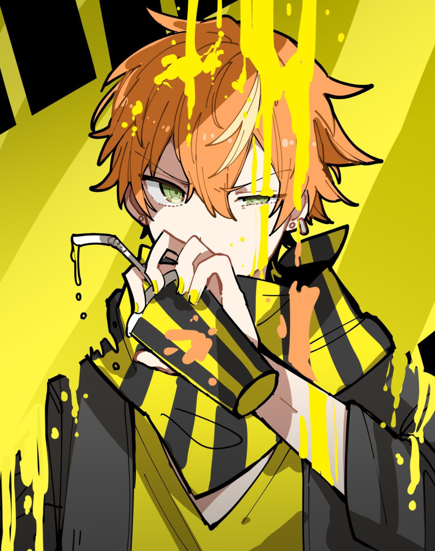 1boy black_jacket blonde_hair cup green_eyes highres holding holding_cup hoshi-toge jacket long_sleeves looking_at_viewer male_focus multicolored_hair orange_hair project_sekai scarf shinonome_akito shirt solo streaked_hair striped striped_scarf traffic_jam_(vocaloid) upper_body yellow_nails yellow_shirt