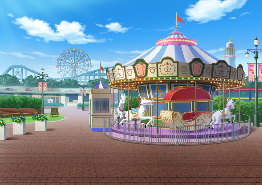 amusement_park banner blue_sky booths brick_floor building bush carousel chisagogo2 clouds cloudy_sky day ferris_wheel flag flower grass hedge lamppost original plant roller_coaster scenery sign sky tree wooden_bench