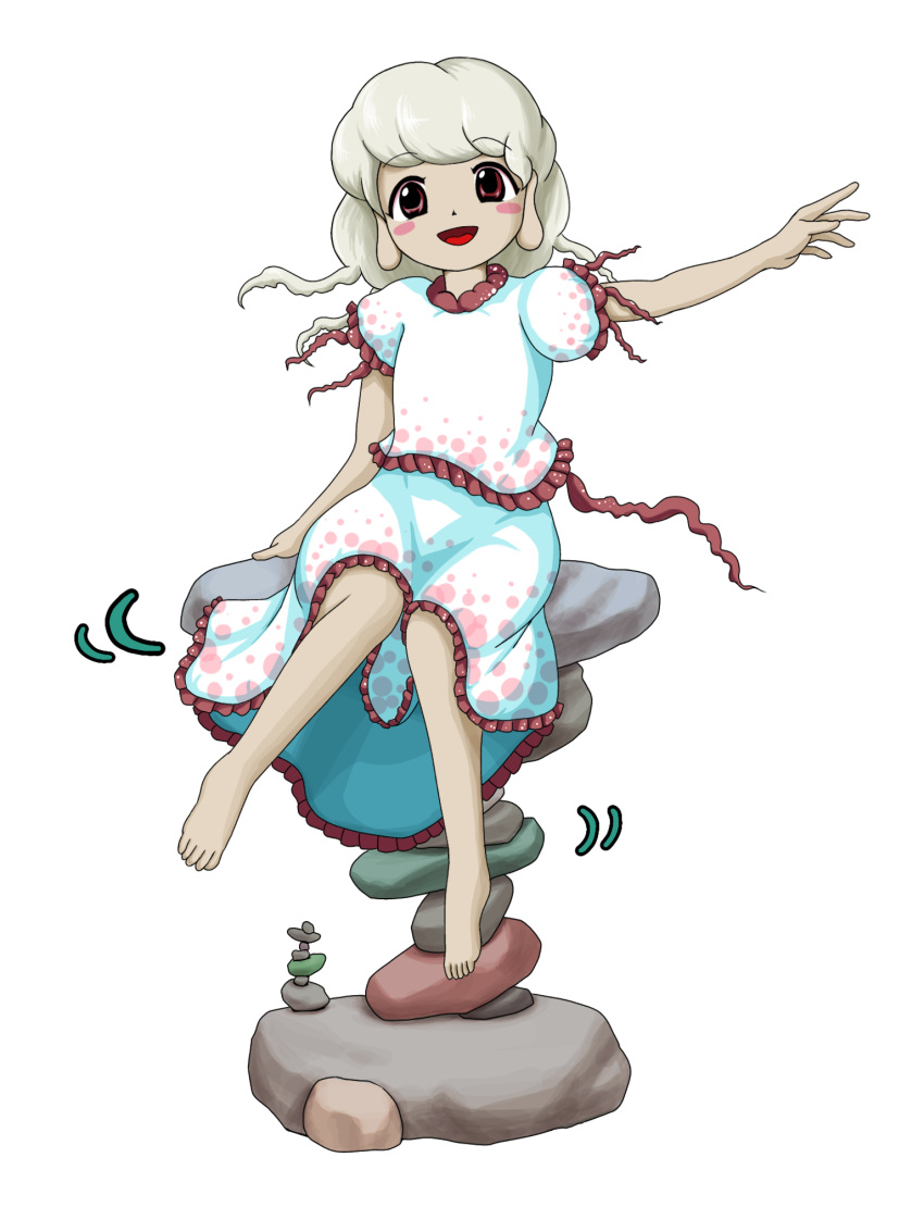 1girl balancing barefoot blonde_hair blush_stickers commentary_request ebisu_eika frilled_shirt frilled_skirt frills hand_up highres long_hair looking_at_viewer open_mouth outstretched_arm parasite_oyatsu puffy_short_sleeves puffy_sleeves red_eyes rock rock_balancing shirt short_sleeves sitting sitting_on_rock skirt smile solo tachi-e touhou transparent_background white_shirt white_skirt zun_(style)