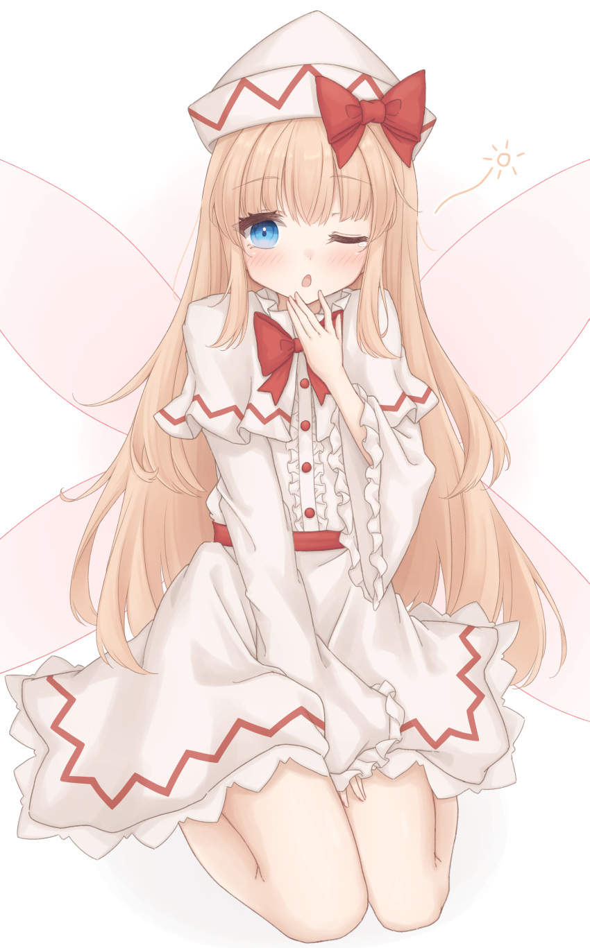 1girl absurdres blonde_hair blush buttons capelet dress fairy fairy_wings frilled_sleeves frills gaden19 hat highres lily_white long_hair long_sleeves one_eye_closed open_mouth simple_background solo touhou white_background white_capelet white_dress white_headwear wide_sleeves wings yellow_eyes
