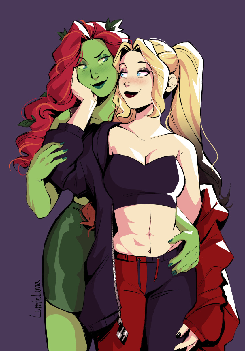 2girls abs absurdres artist_name black_pants blonde_hair blue_eyes colored_skin crop_top dc_comics green_eyes green_skin harley_quinn highres long_hair lumieluna midriff multiple_girls pants poison_ivy purple_background red_pants redhead simple_background twintails two-tone_pants