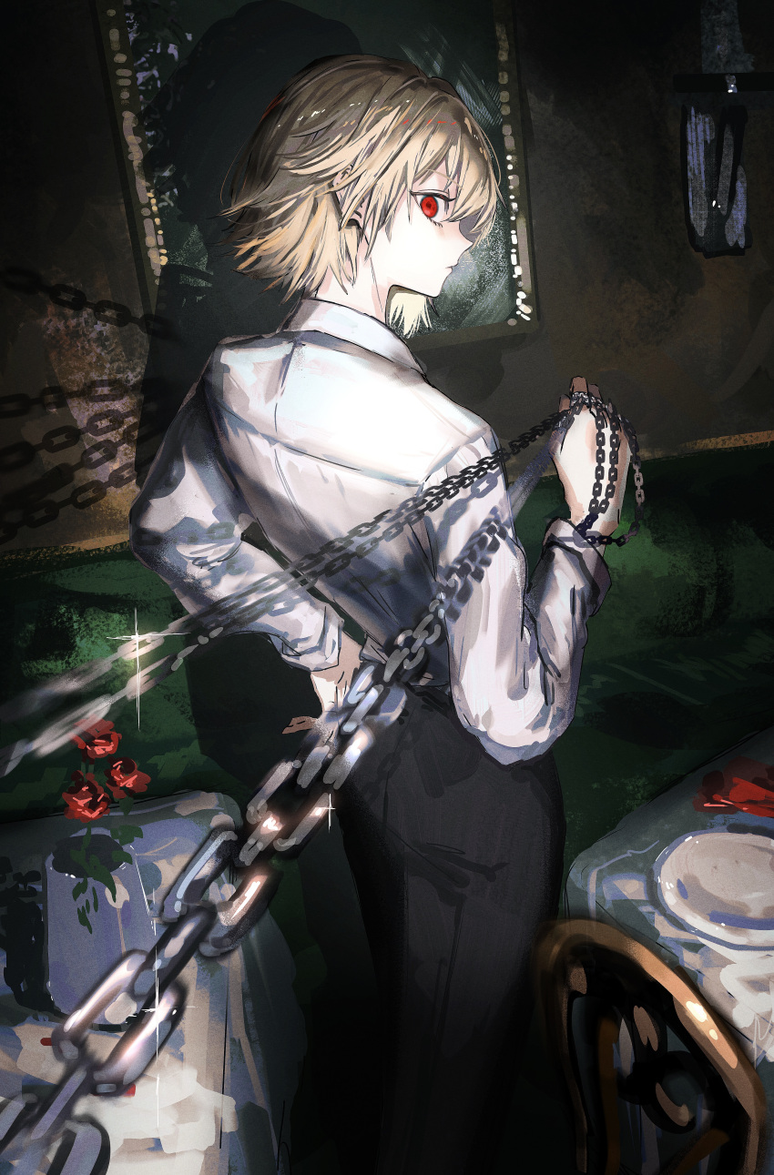 1boy absurdres bench black_pants blonde_hair chain chair collared_shirt commentary dark feet_out_of_frame flower from_behind gawako hair_between_eyes hand_on_own_hip highres holding holding_chain hunter_x_hunter indoors kurapika long_sleeves looking_at_viewer looking_back male_focus painting_(object) pants parted_lips plate red_eyes restaurant rose shadow shirt short_hair sidelocks solo staring tablecloth vase wall_lamp white_shirt