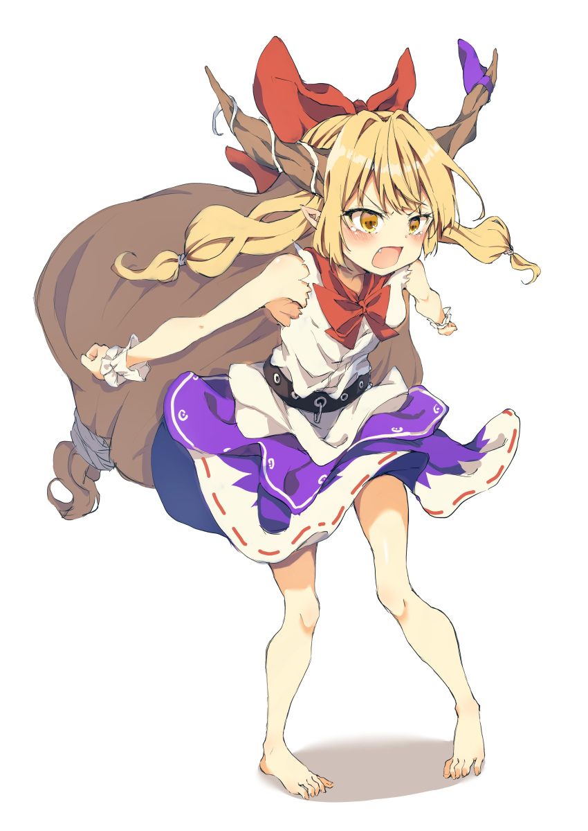 1girl absurdres angry barefoot belt black_belt blonde_hair blush bow bowtie commentary_request fang flat_chest full_body hair_bow highres horn_ornament horn_ribbon horns ibuki_suika long_hair looking_afar low-tied_long_hair medium_bangs open_mouth pigeon-toed pointy_ears purple_ribbon purple_skirt red_bow red_bowtie ribbon ribbon-trimmed_skirt ribbon_trim seika_okawari shirt shouting simple_background skirt sleeveless sleeveless_shirt solo torn_clothes torn_shirt touhou v-shaped_eyebrows very_long_hair white_background white_shirt wrist_cuffs yellow_eyes