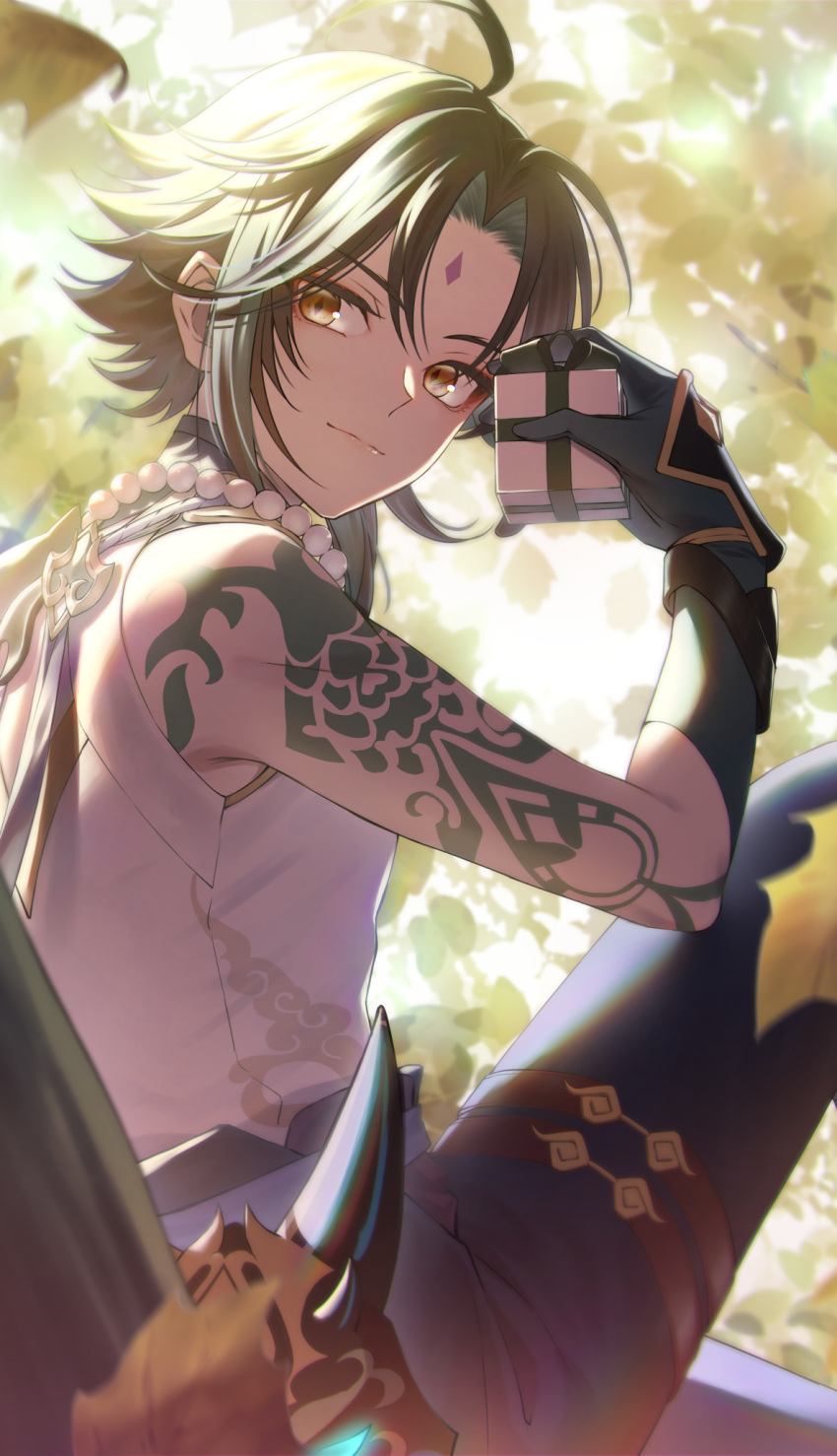 1boy ahoge arm_tattoo asaemi0513 bare_shoulders black_hair blue_gloves blue_hair blue_pants bow box closed_mouth diamond-shaped_pupils diamond_(shape) eyeshadow facial_mark forehead_mark genshin_impact gift gift_box gloves gold_trim green_bow hair_between_eyes hand_up highres holding holding_box jewelry leaf looking_to_the_side makeup male_focus mandarin_collar mask multicolored_hair necklace panties pants pearl_necklace red_eyeshadow shirt short_hair sitting sky sleeveless sleeveless_shirt smile solo symbol-shaped_pupils tassel tattoo two-tone_hair underwear white_panties white_shirt white_sky xiao_(genshin_impact) yellow_eyes