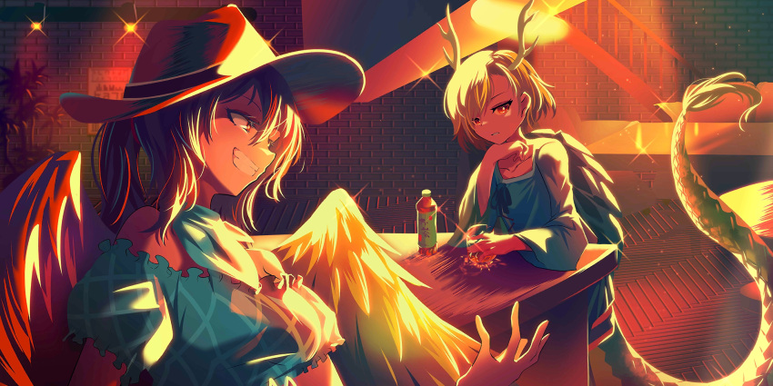 2girls antlers bandana berryverrine bird_wings blonde_hair blue_bandana blue_shirt bottle brick_wall brown_eyes brown_hair brown_headwear brown_wings collarbone cowboy_hat cup dragon_tail drinking_glass eyelashes feathered_wings grin hair_between_eyes hand_up hat head_rest highres holding holding_cup indoors kicchou_yachie kurokoma_saki long_sleeves looking_at_another looking_at_viewer multiple_girls non-web_source off-shoulder_shirt off_shoulder official_art parted_lips plant ponytail potted_plant red_eyes second-party_source shirt short_hair short_sleeves smile table tail teeth touhou touhou_lost_word turtle_shell wings