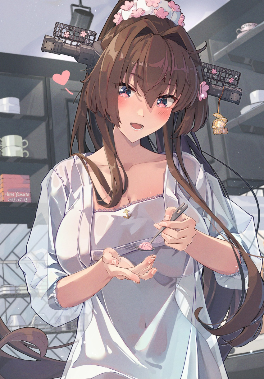 1girl apron blush breasts brown_eyes brown_hair collarbone flower hair_flower hair_ornament headgear highres himeyamato holding holding_spoon kantai_collection large_breasts long_hair open_mouth ponytail smile solo spoon very_long_hair yamato_(kancolle)