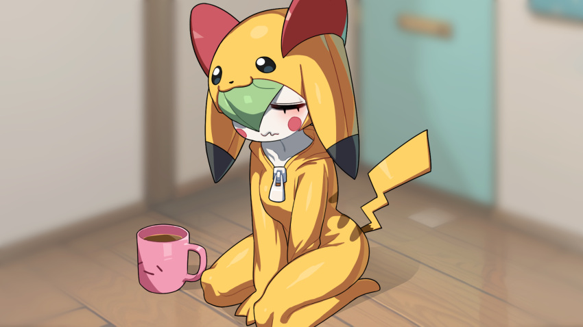 1girl blurry blurry_background blush closed_eyes coffee_cup cosplay cup depth_of_field disposable_cup drink drunkoak highres indoors kirlia kneeling pikachu pikachu_(cosplay) pokemon pokemon_(creature) solo