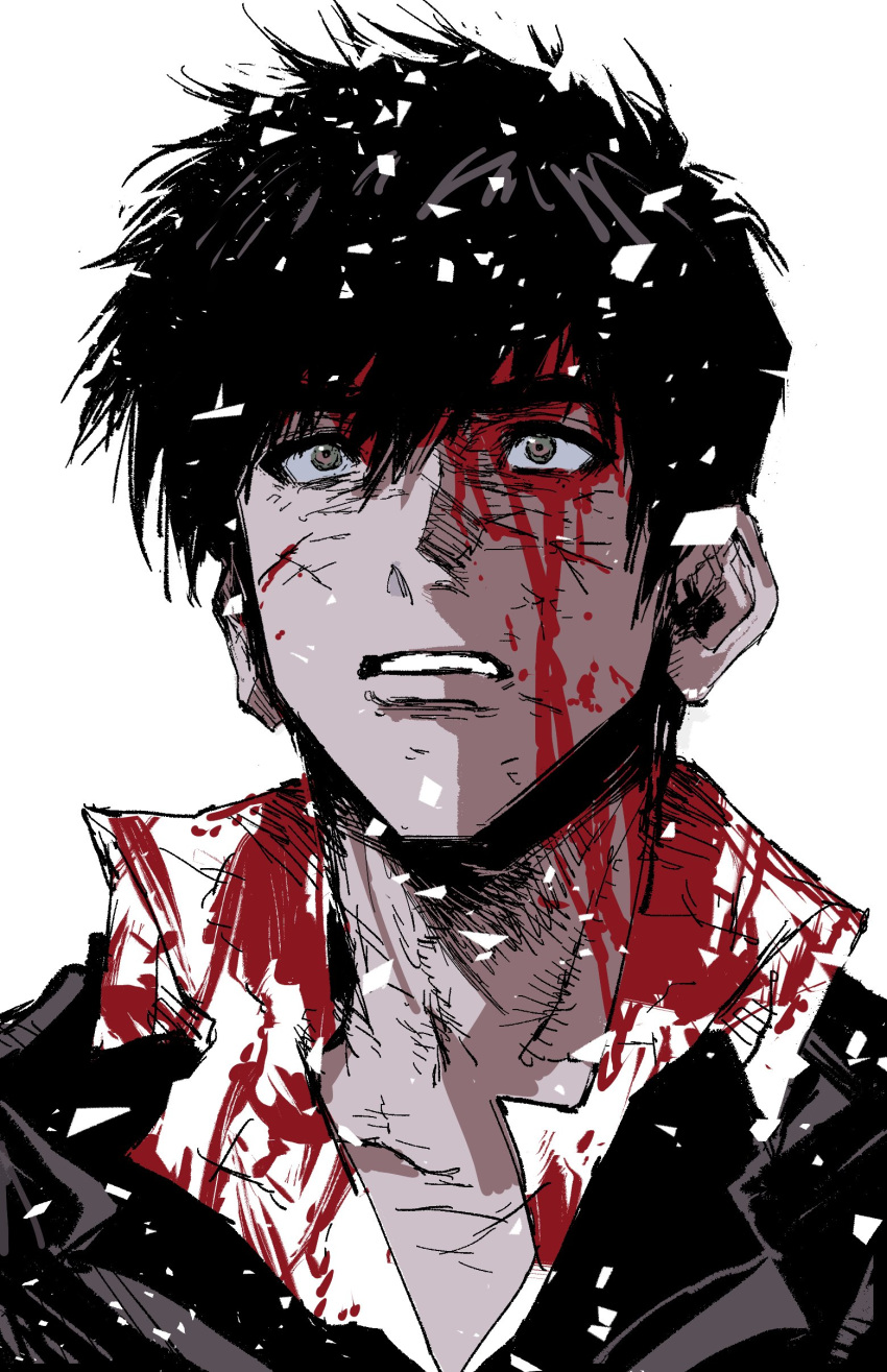 1boy absurdres black_eyes black_hair black_jacket blood blood_on_clothes blood_on_face collared_shirt highres jacket looking_away male_focus my_nameisyoon nicholas_d._wolfwood shirt short_hair simple_background solo trigun upper_body white_background white_shirt