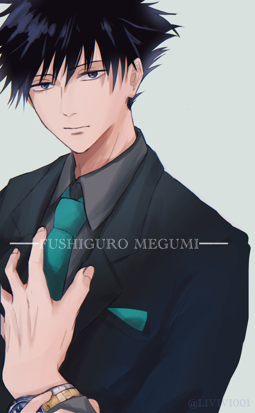1boy absurdres black_eyes black_hair black_jacket blue_necktie character_name closed_mouth collared_shirt fushiguro_megumi grey_background hand_up highres jacket jujutsu_kaisen livi long_sleeves looking_at_viewer male_focus necktie shirt short_hair simple_background solo spiky_hair upper_body watch watch