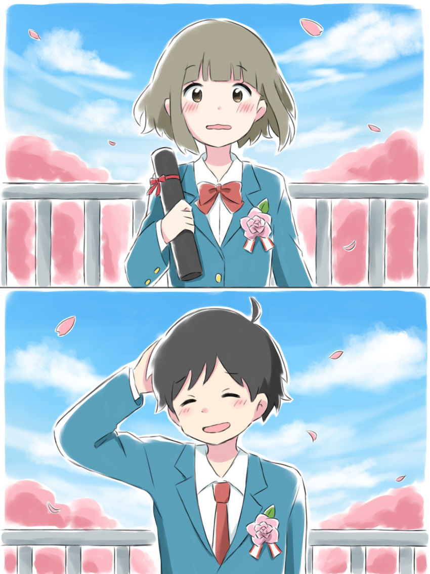 1boy 1girl ahoge arm_at_side arms_behind_head azchipi black_hair blazer blue_jacket blue_sky blunt_bangs blush bob_cut bow bowtie brown_eyes brown_hair cherry_blossoms closed_eyes clouds commentary corsage diploma embarrassed falling_petals floating_hair flower graduation hand_on_own_chest highres holding holding_diploma jacket looking_at_viewer multiple_views necktie nervous open_mouth original parted_lips petals pink_flower pov raised_eyebrows red_bow red_bowtie red_necktie red_ribbon ribbon school_uniform scratching_head short_hair sky smile tree upper_body wavy_mouth white_ribbon