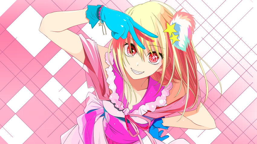 1girl absurdres arm_up babmouse blonde_hair blue_gloves bracelet collarbone dress fang frilled_dress frills gloves hair_between_eyes hair_ornament hand_on_own_hip highres hoshino_ruby idol idol_clothes jewelry leaning_forward long_hair looking_at_viewer making-of_available microsoft_paint_(medium) mismatched_pupils multicolored_hair oshi_no_ko pink_dress purple_dress red_eyes sidelocks smile solo star-shaped_pupils star_(symbol) star_hair_ornament swept_bangs symbol-shaped_pupils teeth two-tone_hair v