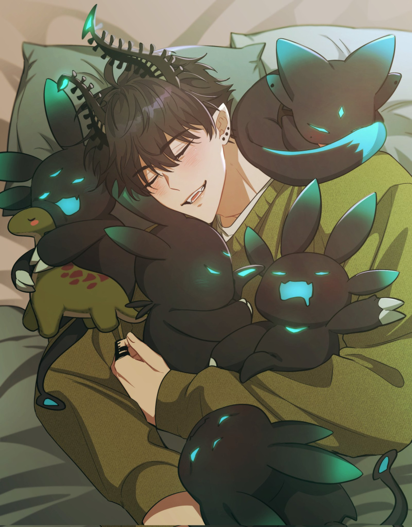 1boy bed black_hair black_horns blush claws closed_eyes commentary drooling earrings english_commentary eyelashes fangs green_sweater hair_between_eyes highres horns jewelry long_sleeves lying male_focus mouth_drool multiple_earrings nijisanji nijisanji_en object_hug on_bed on_side open_mouth pillow pointy_ears ren_zotto ring shirt short_hair sleeping sweater teeth undershirt virtual_youtuber white_shirt yoy_(0yyoyy0)