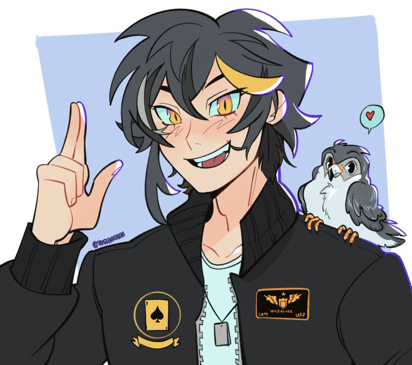 ace_of_spades ace_windhover bird black_hair bomber_jacket dog_tags falcon feathers finger_gun highres indie_virtual_youtuber jacket male_focus military non-web_source nugget_(ace_windhover) pet spade_(shape) tess_(tjmdoodles) virtual_youtuber yellow_eyes