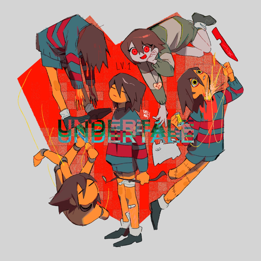 2others annoying_dog black_footwear blue_shorts blue_sweater chara_(undertale) doll_joints facing_viewer floating frisk_(undertale) green_sweater grey_background heart heart_necklace highres jewelry joints long_sleeves looking_at_viewer multiple_others necklace patchwork_skin red_eyes shd_eod shoes shorts simple_background socks sweater undertale unusually_open_eyes white_socks yellow_eyes