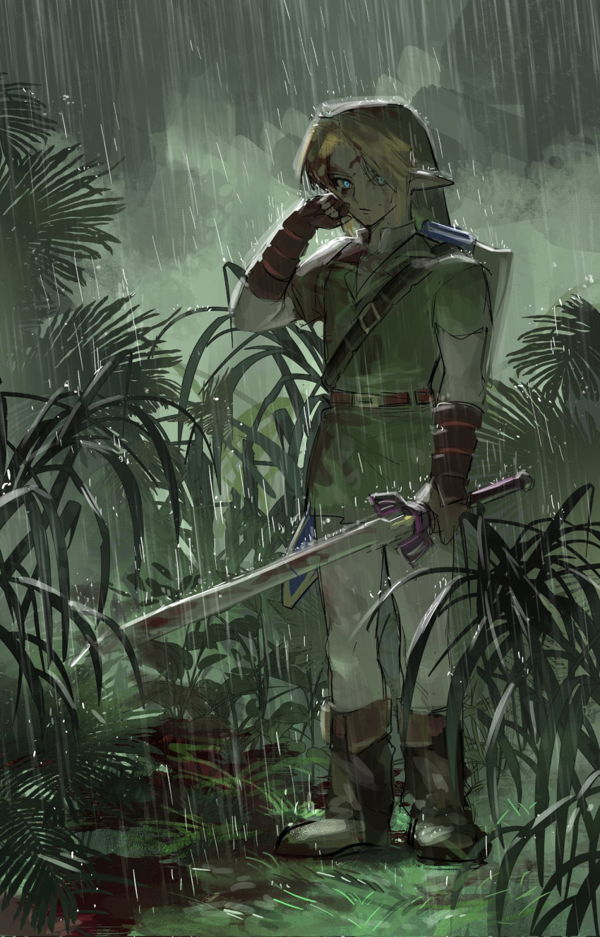 1boy belt blonde_hair blood blood_stain blue_eyes boots brown_footwear brown_gloves commentary duoj_ji fingerless_gloves gloves grass green_headwear green_tunic highres holding holding_sword holding_weapon link looking_at_viewer master_sword nature outdoors pants plant pointy_ears rain short_hair solo sword the_legend_of_zelda weapon