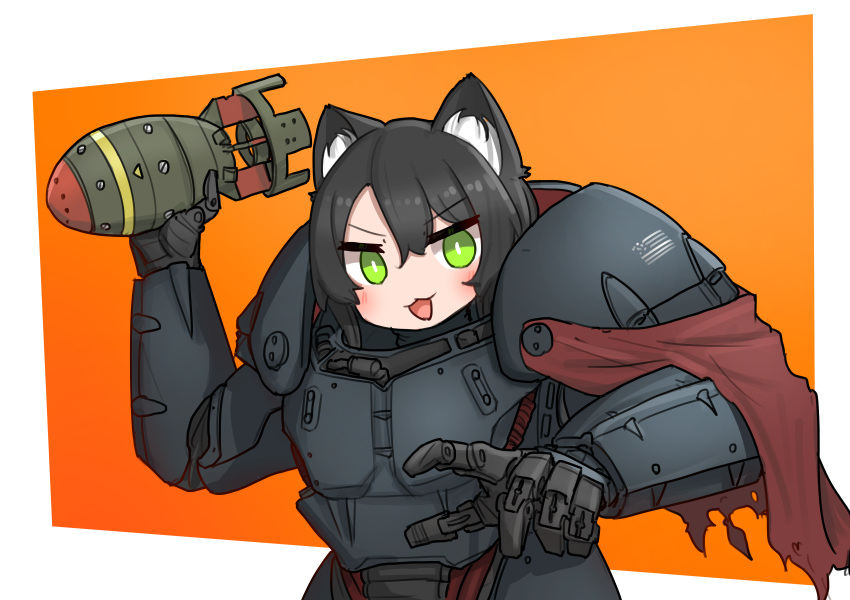 1girl :3 absurdres animal_ears black_hair bomb cape capelet cat_ears cat_girl chibi enclave explosive fallout_(series) green_eyes highres original power_armor srtdrawart throwing