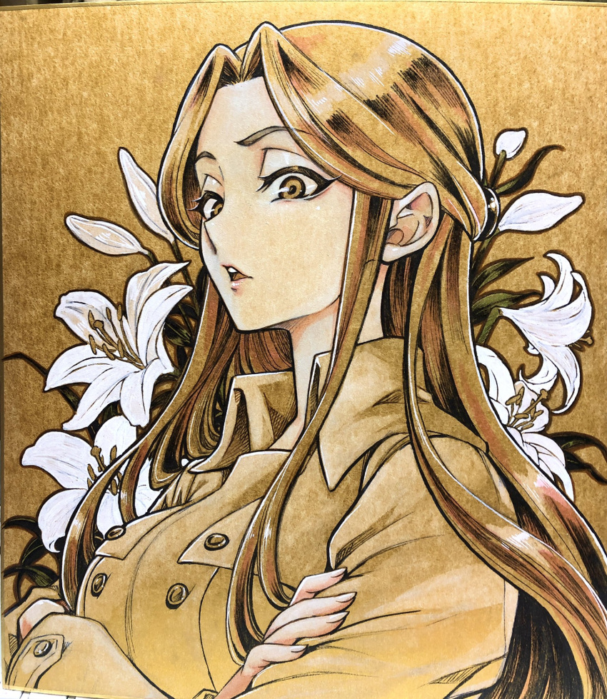 1girl brown_coat brown_eyes brown_hair coat commentary_request crossed_arms flower highres idolmaster idolmaster_cinderella_girls lily_(flower) long_hair looking_at_viewer marine_(confeitokobo) open_mouth photo_(medium) solo traditional_media upper_body white_flower zaizen_tokiko