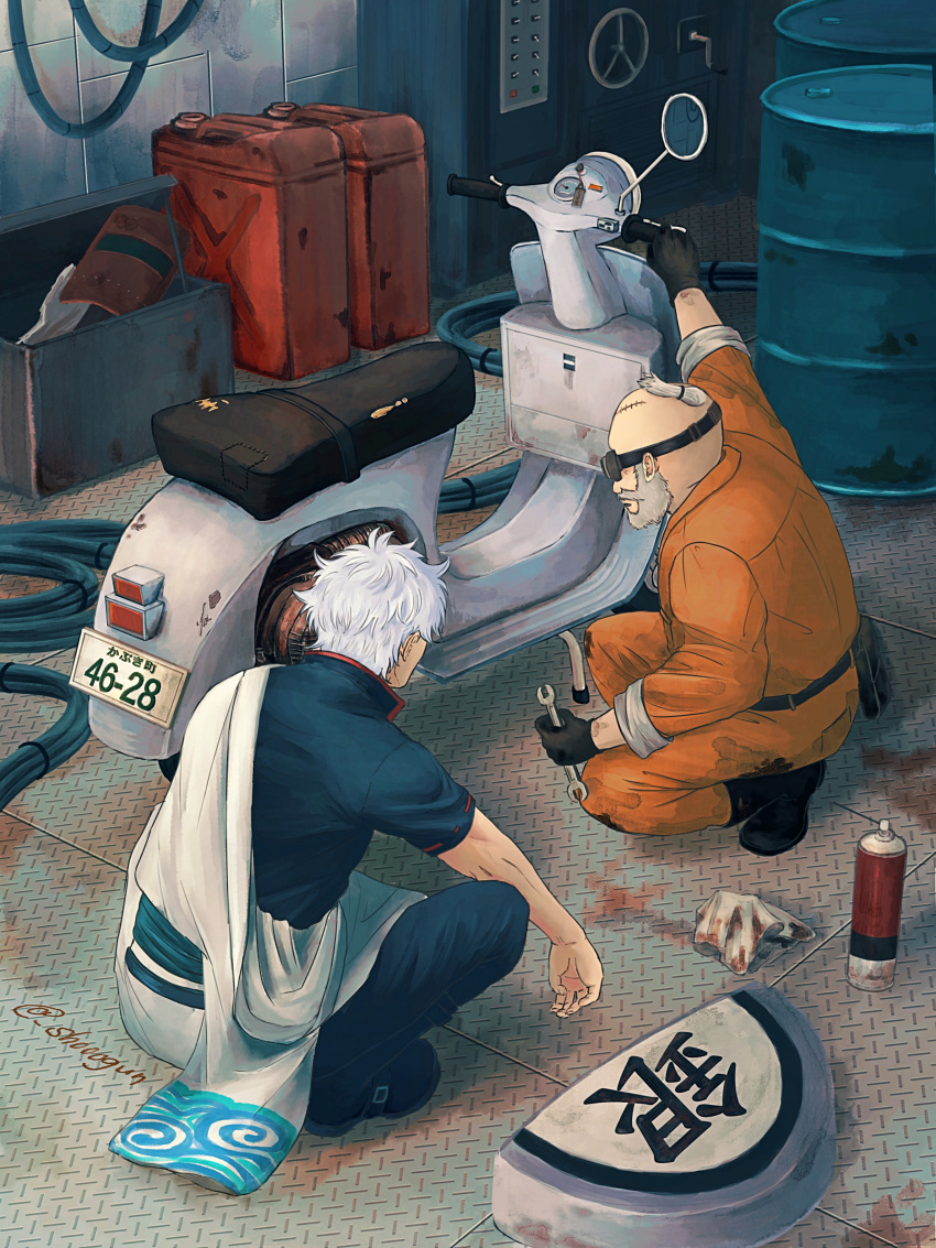 2boys absurdres barrel black_gloves chonmage commentary_request gas_tank gintama gloves grey_hair highres hiraga_gengai indoors kneeling male_focus motor_vehicle multiple_boys old old_man sakata_gintoki scooter screwdriver shooogun short_hair