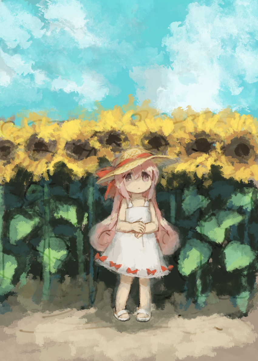 1girl aqua_sky bow brown_headwear closed_mouth commentary_request day dress dress_bow female_child field flip-flops flower flower_field hat hat_ribbon highres kezuru long_hair original outdoors own_hands_together pink_eyes pink_hair red_ribbon ribbon sandals sky sleeveless sleeveless_dress solo standing straw_hat sundress sunflower white_dress white_footwear wide_shot yellow_flower