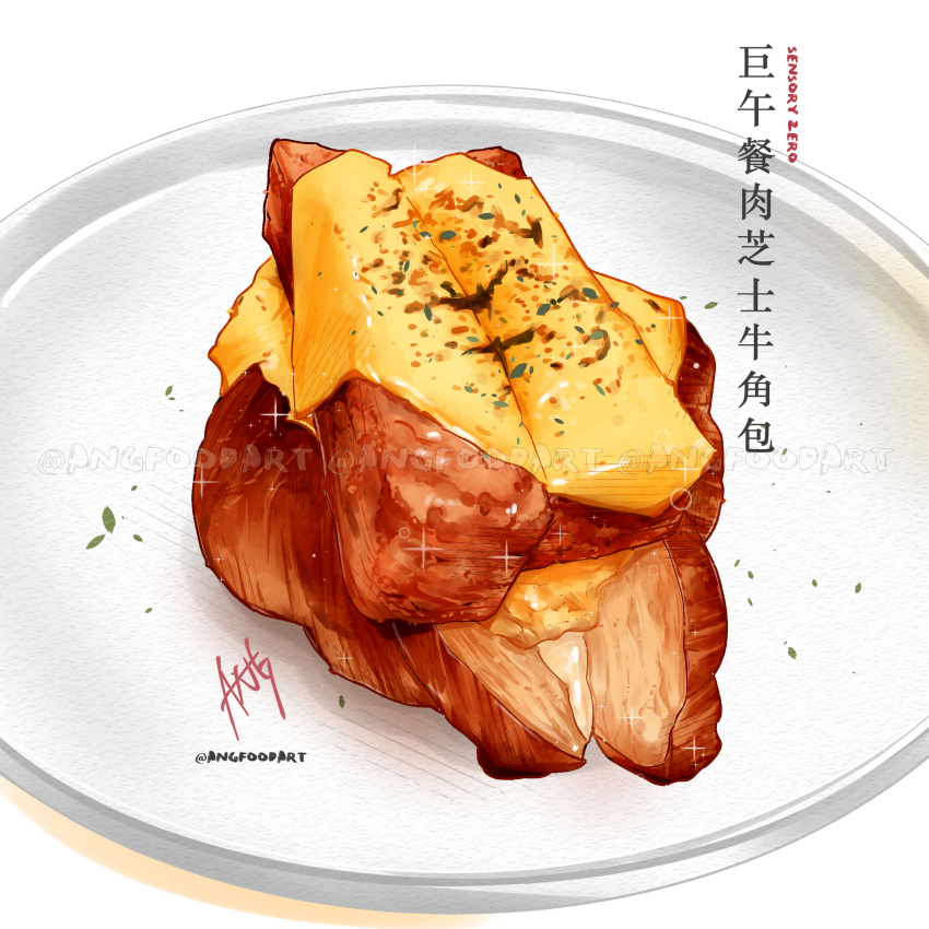 absurdres cheese commentary_request croissant food food_focus highres jola_wong meat no_humans original plate shadow sparkle still_life translation_request watermark