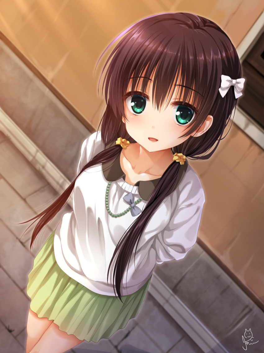 1girl :d amagiri_yune amairo_islenauts arms_behind_back bead_necklace beads black_hair blush bow chaamii collarbone commentary_request cowboy_shot double-parted_bangs dutch_angle eyelashes eyes_visible_through_hair foreshortening from_above green_eyes green_skirt grey_bow hair_between_eyes hair_bow hair_ornament hair_over_shoulder hair_scrunchie highres jewelry long_hair long_sleeves looking_at_viewer low_twintails miniskirt necklace open_mouth outdoors pleated_skirt scrunchie shirt signature skirt smile solo standing straight_hair sunset twintails white_bow white_shirt yellow_scrunchie