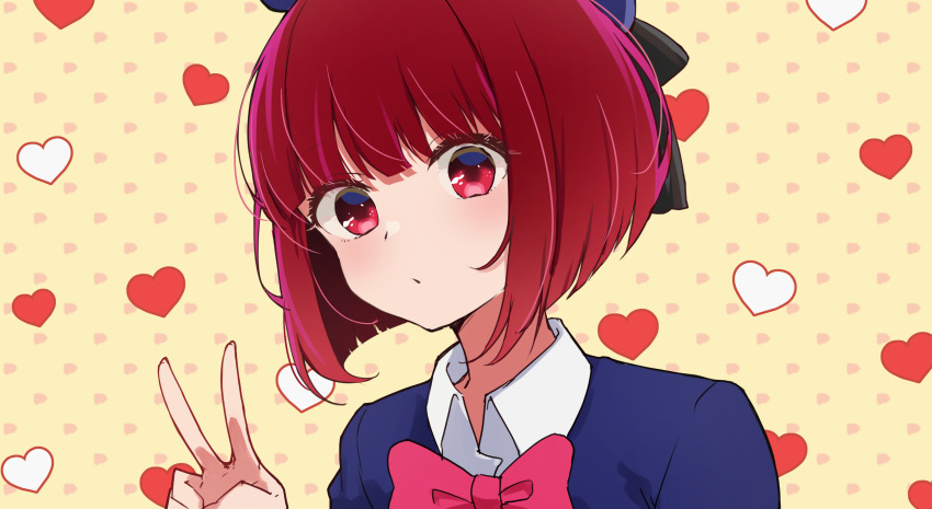 1girl absurdres arima_kana beret black_bow blue_headwear blue_jacket bow brown_background closed_mouth collared_shirt commentary_request hand_up hat heart highres jacket looking_at_viewer oshi_no_ko osisio partial_commentary pink_bow red_eyes redhead shirt short_hair solo upper_body v white_shirt