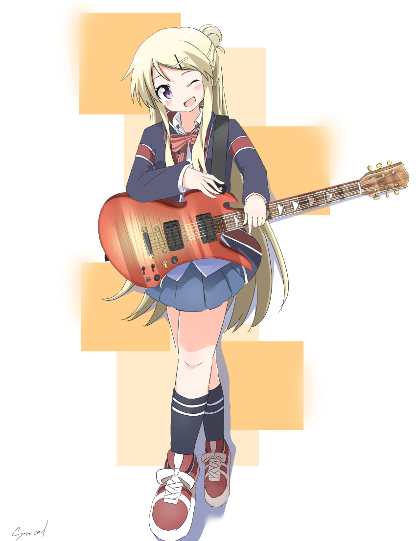 1girl absurdres artist_name blonde_hair blush commission cynical_(llcbluckg_c004) guitar highres holding holding_instrument instrument kin-iro_mosaic kujou_karen long_hair one_eye_closed open_mouth orange_background shoes simple_background skeb_commission socks solo standing violet_eyes