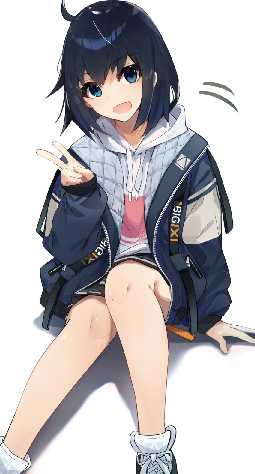 1girl :d arm_at_side black_footwear black_hair black_skirt blue_eyes blue_jacket bob_cut cowlick drawstring feet_out_of_frame hair_between_eyes hair_strand hand_on_ground hand_up head_tilt highres hood hood_down hoodie jacket knees_together_feet_apart knees_up kurokuro_illust long_sleeves looking_at_viewer messy_hair multicolored_clothes multicolored_jacket on_ground open_clothes open_jacket open_mouth original pink_hoodie pleated_skirt quilted_jacket shadow shoes short_hair simple_background single_horizontal_stripe sitting skirt sleeves_past_wrists smile sneakers solo strap two-sided_fabric two-tone_footwear two-tone_hoodie two-tone_jacket unzipped v white_background white_footwear white_hoodie white_jacket zipper