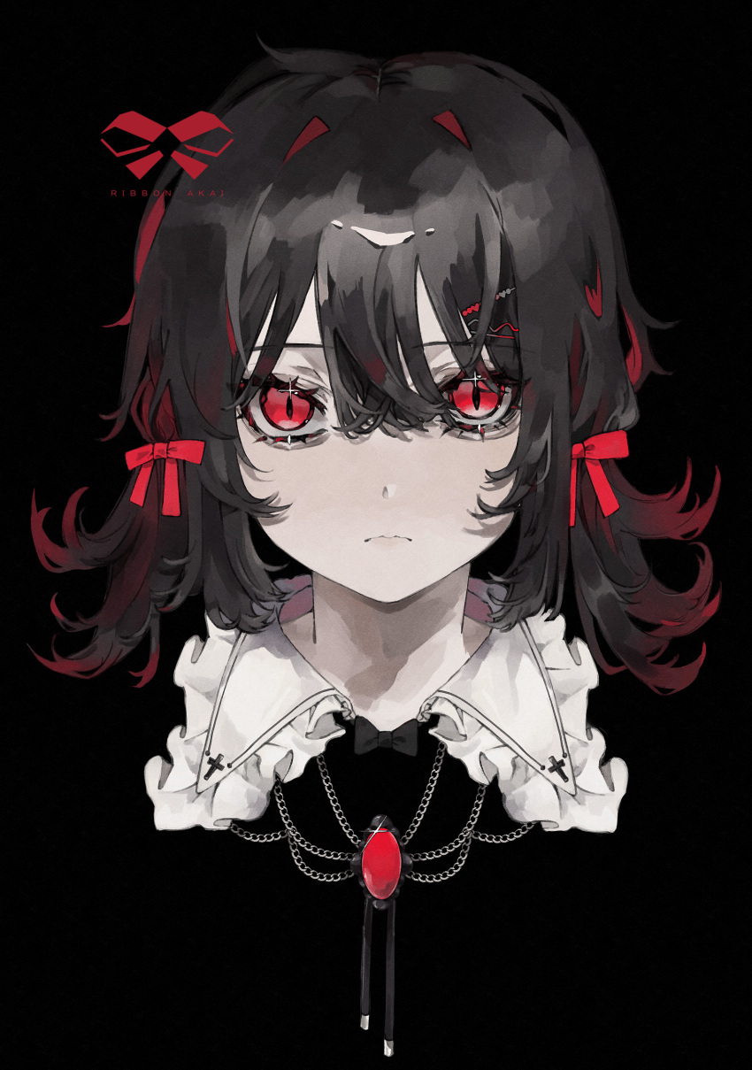 1girl absurdres artist_name black_background black_bow black_bowtie black_hair black_shirt bow bowtie closed_mouth cross expressionless frilled_shirt_collar frills gem hair_bow highres looking_at_viewer medium_hair original portrait red_bow red_eyes red_gemstone ribbon_akai shirt slit_pupils solo sparkle straight-on watermark