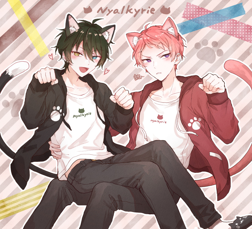 2boys absurdres animal_ears animal_slippers aqua_eyes black_pants cat_boy cat_ears cat_tail clenched_hand clenched_hands closed_mouth commentary_request drawstring ensemble_stars! fingernails green_hair hair_between_eyes hand_on_another's_hip heart heterochromia highres hood hood_down itsuki_shu jacket kagehira_mika long_sleeves male_focus multiple_boys open_clothes open_jacket open_mouth pants paw_pose paw_print pink_hair shirt short_hair sitting sitting_on_person slippers striped tail valkyrie_(ensemble_stars!) violet_eyes wednesday_108 white_shirt yellow_eyes