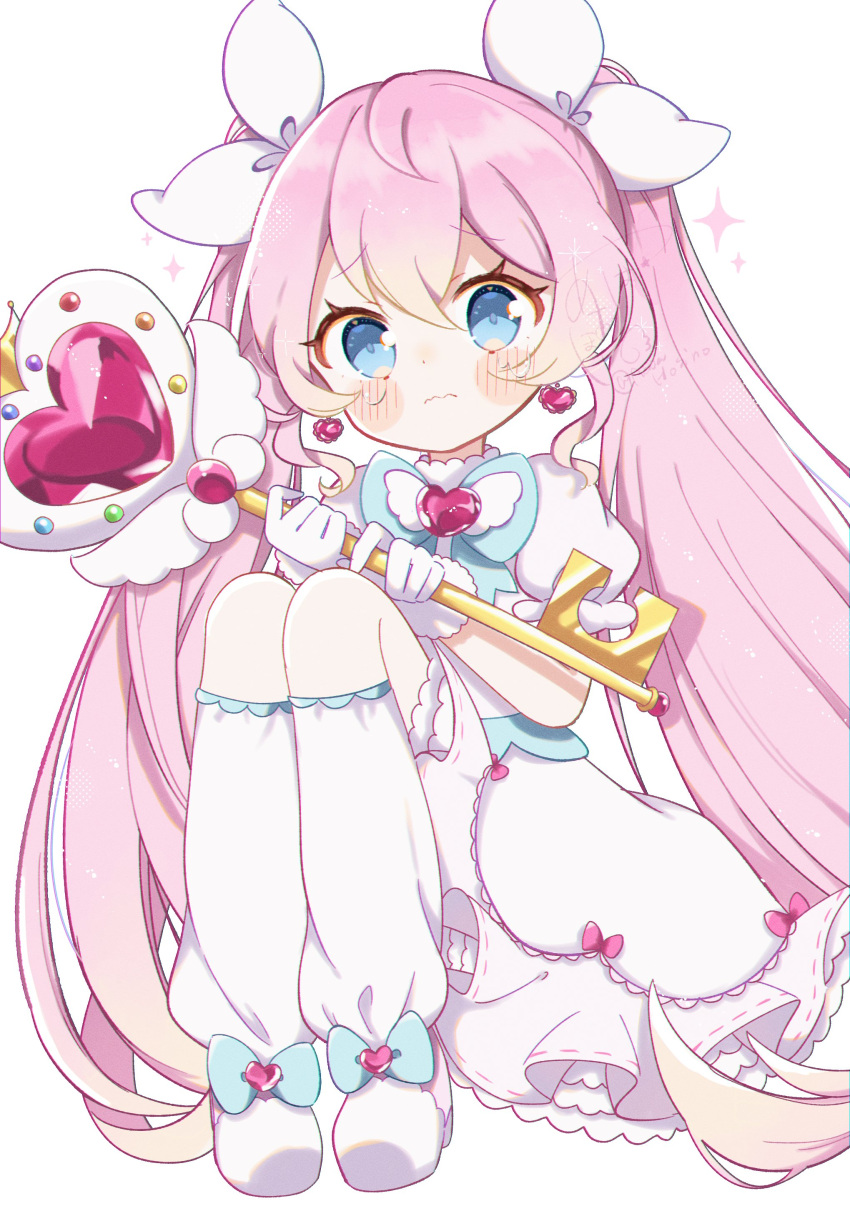 1girl absurdres aobahosino blue_bow blue_eyes blush bow closed_mouth commentary_request dress earrings frilled_dress frills frown gloves hair_between_eyes hair_bow heart heart_earrings heart_wand highres holding holding_wand jewelry key long_hair looking_at_viewer magical_girl original pink_hair puffy_short_sleeves puffy_sleeves short_sleeves sitting solo twintails very_long_hair wand white_background white_bow white_dress white_gloves