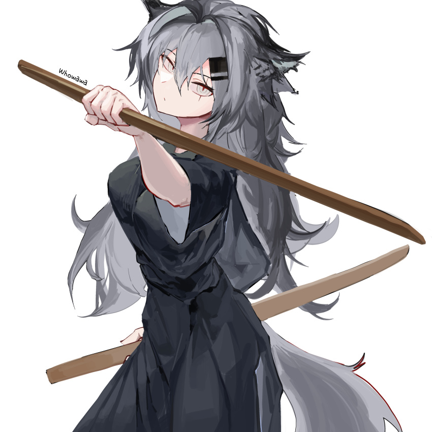 1girl absurdres animal_ears arknights artist_name breasts dual_wielding grey_eyes grey_hair hair_between_eyes hair_ornament hairclip hand_up highres holding holding_sword holding_weapon japanese_clothes lappland_(arknights) long_hair long_sleeves messy_hair scar scar_across_eye simple_background solo sword tail tesbori weapon white_background wide_sleeves wolf_ears wolf_girl wolf_tail wooden_sword