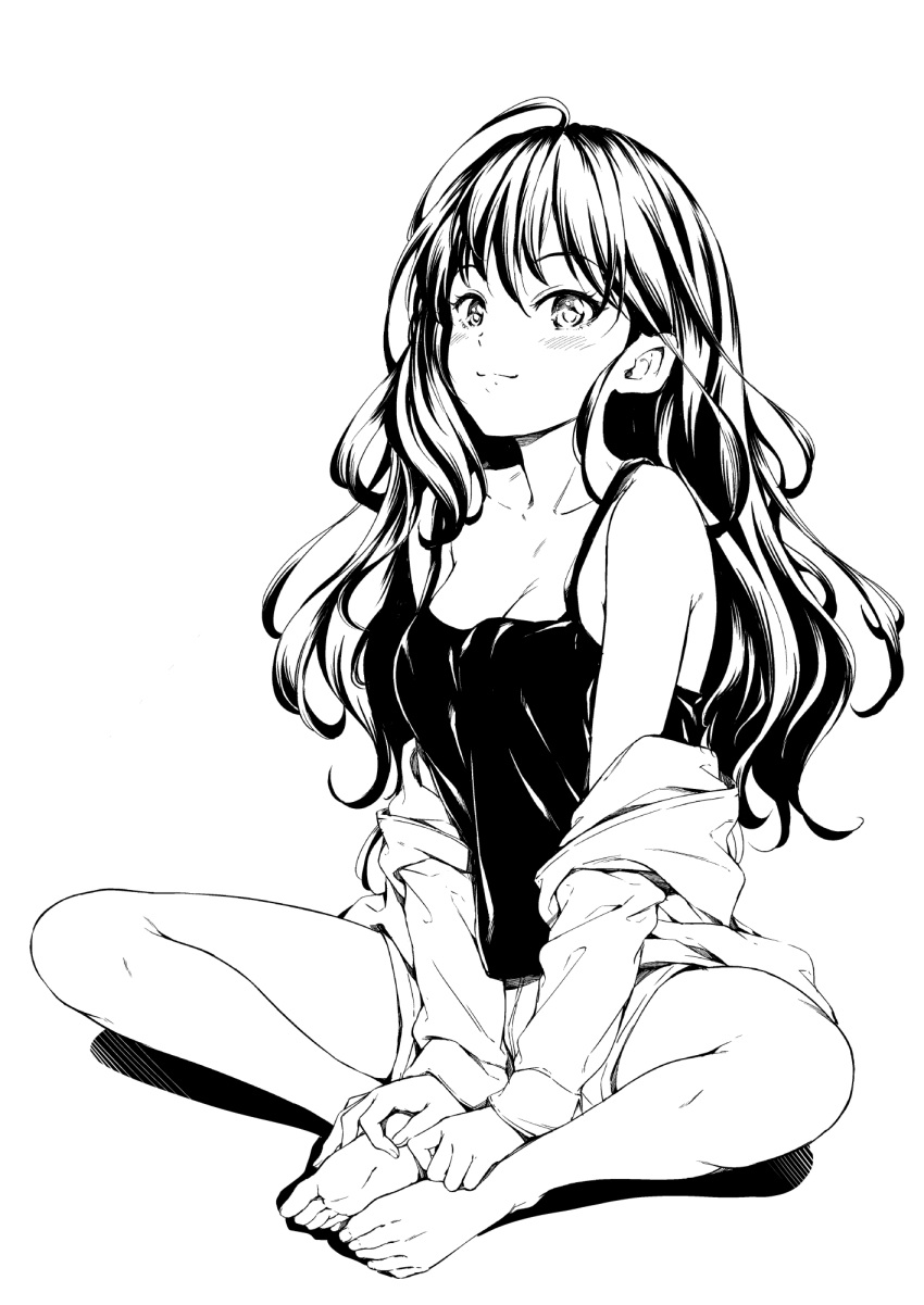 1girl ahoge bare_legs bare_shoulders barefoot blush breasts camisole clothes_down full_body greyscale hamao highres ichinose_shiki idolmaster idolmaster_cinderella_girls long_hair looking_at_viewer medium_breasts monochrome shorts simple_background sitting smile solo wavy_hair