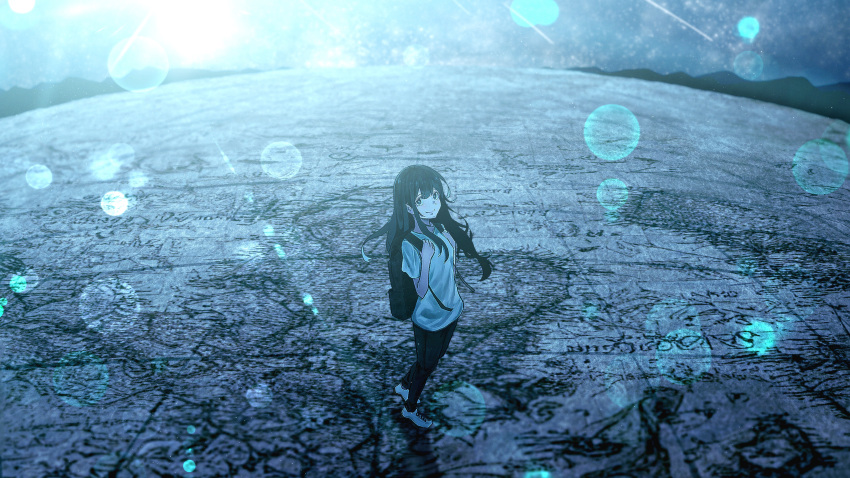 1girl absurdres backpack bag black_eyes black_hair black_pants blush closed_mouth commentary_request from_side globe hair_between_eyes hand_up highres landscape lens_flare long_hair looking_at_viewer mountainous_horizon night night_sky oka_kojiro original pants scenery shirt shoes shooting_star short_sleeves sidelocks sky smile sneakers solo standing_on_object star_(sky) starry_sky t-shirt walking white_footwear white_shirt wide_shot