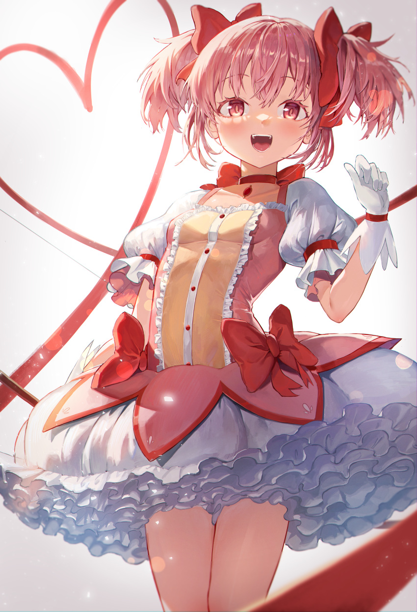 1girl absurdres bow breasts bubble_skirt choker cocoa_(ultra_mdk) commentary_request cowboy_shot facing_viewer frilled_skirt frills gloves hair_bow heart_ribbon highres kaname_madoka light_blush magical_girl mahou_shoujo_madoka_magica open_mouth pink_hair puffy_short_sleeves puffy_sleeves red_bow red_choker red_eyes red_ribbon ribbon ribbon_choker short_hair short_sleeves short_twintails skirt small_breasts smile solo soul_gem teeth twintails upper_teeth_only white_gloves