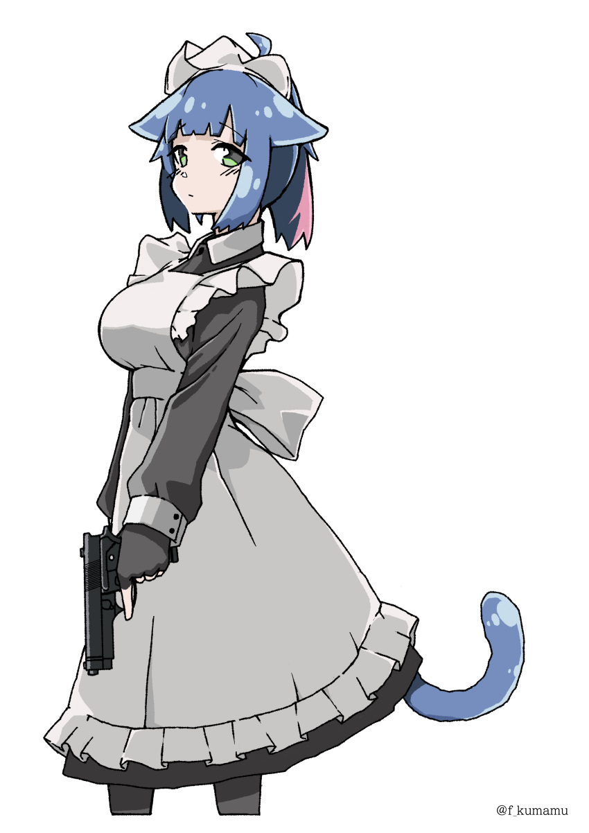 1girl absurdres alternate_costume animal_ears apron arknights black_dress black_gloves black_pantyhose blue_hair blush breasts cat_ears cat_girl cat_tail closed_mouth collared_dress dress enmaided fingerless_gloves frilled_apron frills gloves green_eyes gun handgun highres holding holding_gun holding_weapon jessica_(arknights) kumamu long_sleeves maid maid_apron medium_breasts multicolored_hair pantyhose pink_hair ponytail puffy_long_sleeves puffy_sleeves sidelocks simple_background sleeves_past_wrists solo standing streaked_hair tail twitter_username weapon weapon_request white_apron white_background