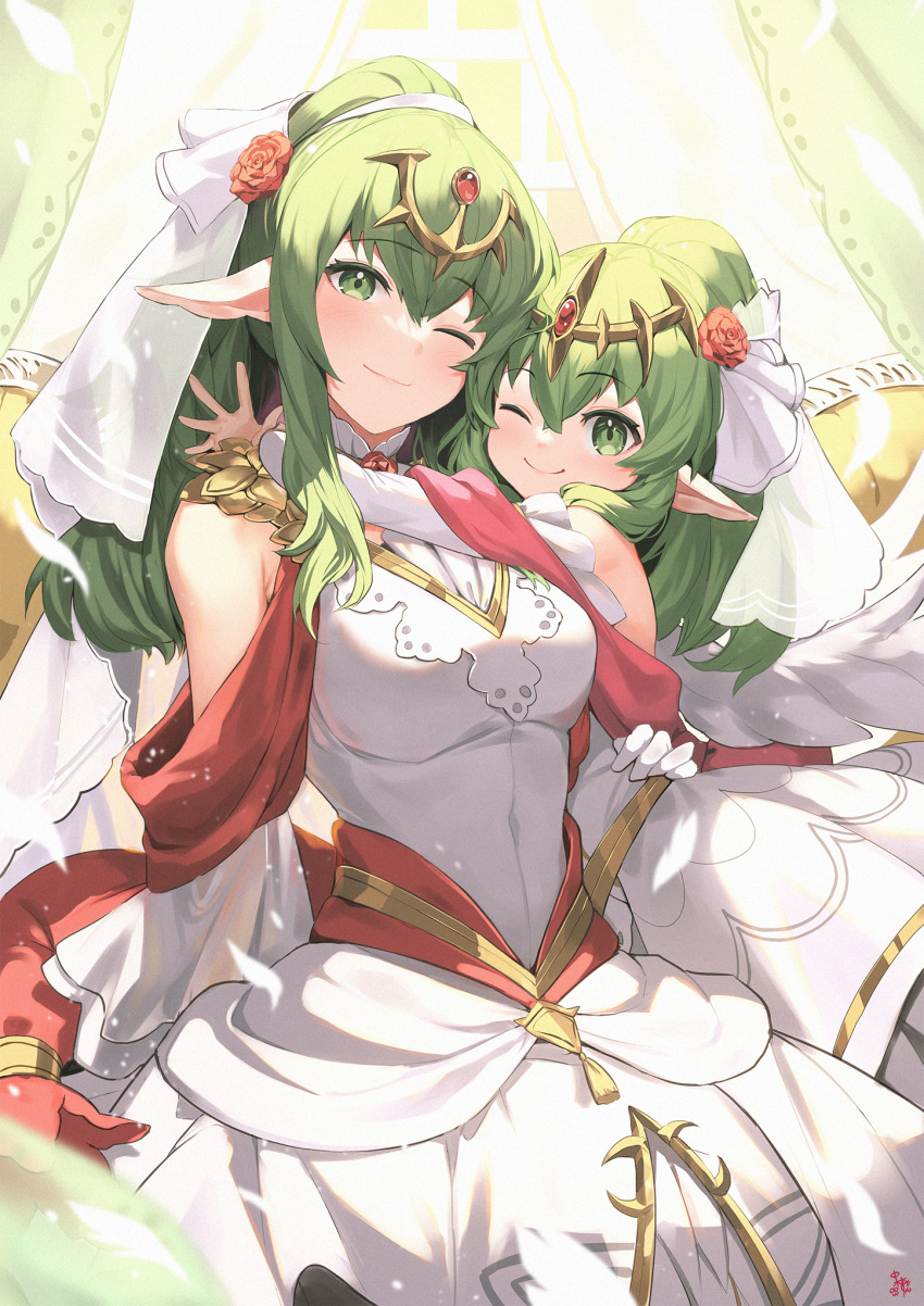 2girls bare_shoulders bridal_veil commentary_request dress fire_emblem fire_emblem:_mystery_of_the_emblem fire_emblem_awakening fire_emblem_heroes flower gloves gold_trim green_eyes green_hair hair_flower hair_ornament highres hug long_hair looking_at_viewer multiple_girls nakabayashi_zun official_alternate_costume one_eye_closed pointy_ears ponytail red_flower smile tiara tiki_(adult)_(bridal)_(fire_emblem) tiki_(adult)_(fire_emblem) tiki_(fire_emblem) tiki_(young)_(bridal)_(fire_emblem) veil wedding_dress white_dress white_gloves