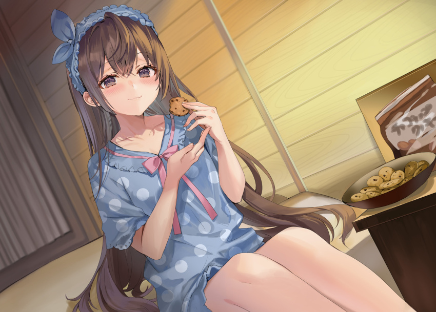 1girl :3 absurdres bag_of_cookies bed_sheet blue_hairband blue_pajamas blush bowl brown_eyes brown_hair closed_mouth collarbone commentary_request cookie crossed_bangs curtains eating feet_out_of_frame food frilled_hairband frilled_pajamas frilled_shorts frilled_sleeves frills hair_between_eyes hair_intakes hair_ornament hair_over_shoulder hairband head_tilt highres holding holding_cookie holding_food indoors legs_together long_hair looking_at_viewer momoko_(momopoco) neck_ribbon night nightstand on_bed pajamas pink_ribbon polka_dot polka_dot_pajamas ribbon ribbon-trimmed_hairband short_shorts short_sleeves shorts sidelocks smile smug solo suou_yuki tokidoki_bosotto_roshia-go_de_dereru_tonari_no_arya-san very_long_hair wavy_hair window wooden_wall