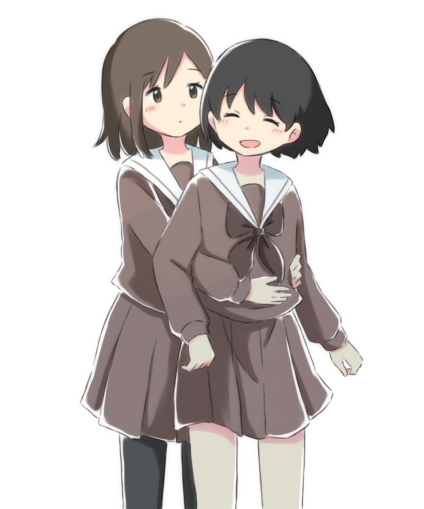 2girls :d arms_around_waist arms_at_sides azchipi black_hair black_pantyhose blush bob_cut brown_eyes brown_hair brown_neckerchief brown_serafuku brown_skirt closed_eyes closed_mouth commentary cowboy_shot dress_shirt expressionless eyelashes front-to-back hands_on_another's_stomach highres hug hug_from_behind long_sleeves looking_at_another multiple_girls neckerchief open_mouth original pantyhose pleated_skirt sailor_collar school_uniform serafuku shirt short_hair simple_background skirt smile swept_bangs turning_head white_background white_sailor_collar yuri