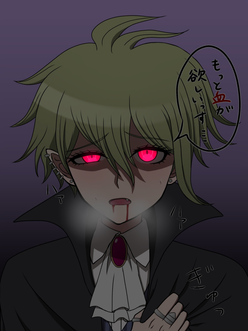 1boy :o amami_rantaro antenna_hair ascot blood blood_from_mouth danganronpa_(series) danganronpa_v3:_killing_harmony ear_piercing earrings fang gem gradient_background green_hair hair_between_eyes highres jewelry looking_at_viewer male_focus piercing pink_eyes ring short_hair solo speech_bubble suiren_yurei translation_request vampire white_ascot